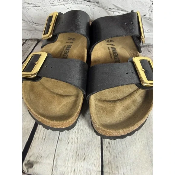 Birkenstock Arizona Big Gold Buckle Sandals Black Leather EU 40 W 9.5 EXCELLENT - Picture 8 of 9